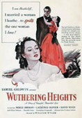 The picture is one of the covers that Wuthering Heights book has had during the years. The background is beige and in the cover there is a woman dressed in a red dress clinging sweetly onto a man wearing black. There is also another woman closer to the reader wearing all white and pearls.