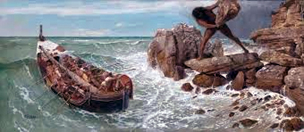 In the picture there is a painting of stormy sea. Waves hitting the rocky shore. The rock is brown and there is a boat about to land. A giant is about to throw a rock at the boat.