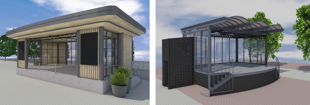 Havainnekuvat Satakieli-lavasta ja Eetunaukion lavasta. Kuva: Arkkitehtitoimisto Küttner Ky.