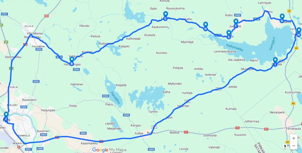 Asiointia tukevan liikenteen reittikartta. Liikenne ajaa reittiä Porin keskusta-Harjakangas-Lassila-Lavia-Kullaa-Pori.