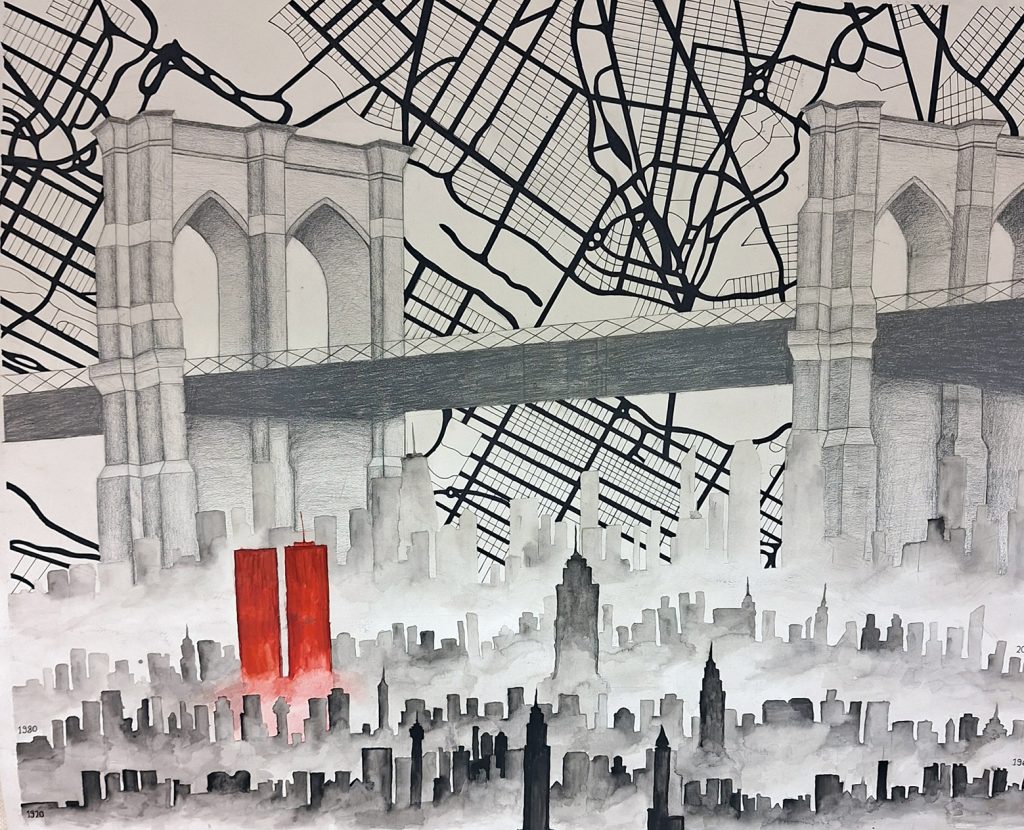 Melina Salon kuvataiteen lukiodiplomityö. Maalauksessa yhdistellään kaupunkimaisemaa, karttagrafiikkaa ja symbolisia elementtejä.