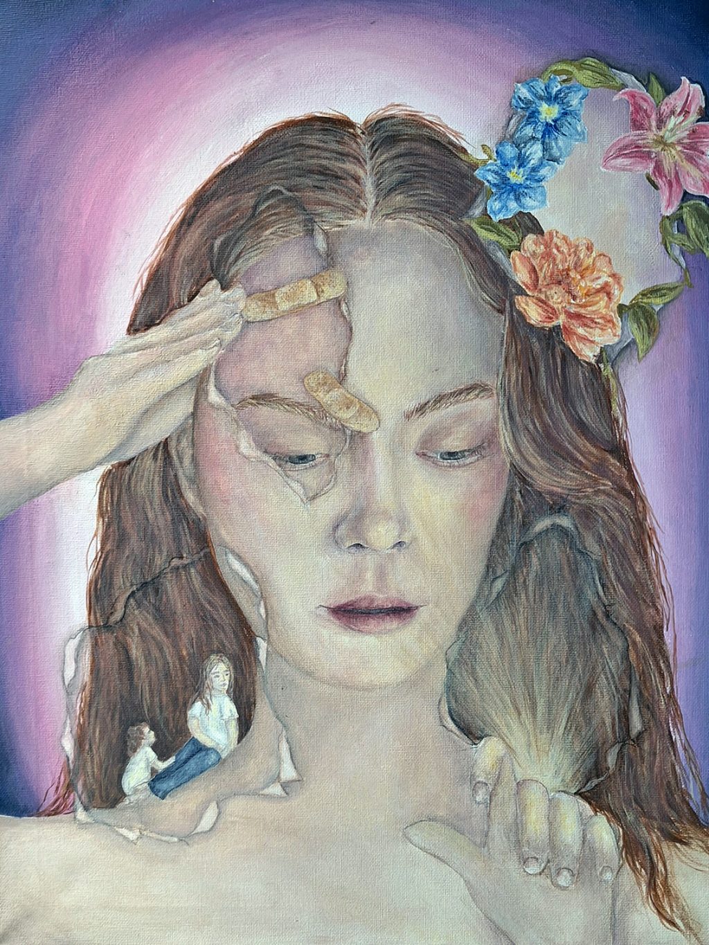 Nea Hautalan kuvataiteen lukiodiplomityö. Maalauksen keskiössä on henkilö, jonka pitkissä ruskeissa hiuksissa on yksityiskohtaista varjostusta ja rakennetta. Hahmon ympärillä on useita symbolisia elementtejä.