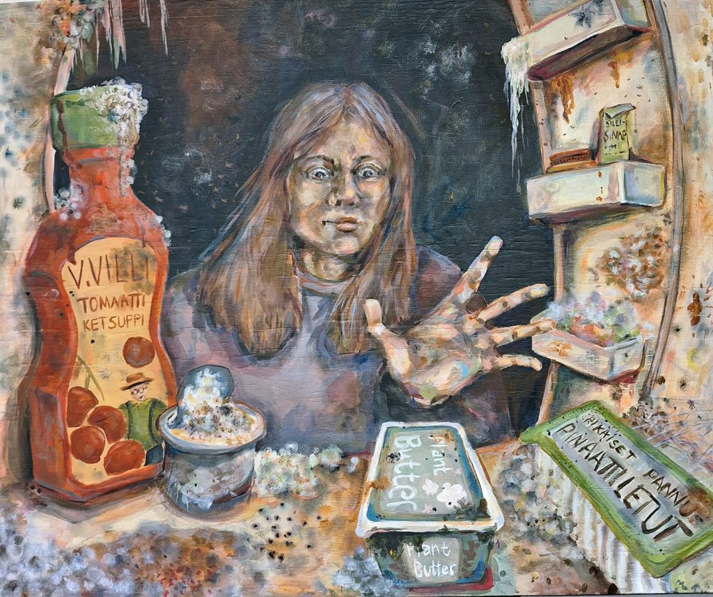 Ronja Hakalan kuvataiteen lukiodiplomityö. Maalauksen näkymä on toteutettu niin, että katsoja on jääkaapin sisällä ja näkymä avautuu ulospäin. Teos on täynnä yksityiskohtia ja voimakasta värinkäyttöä.