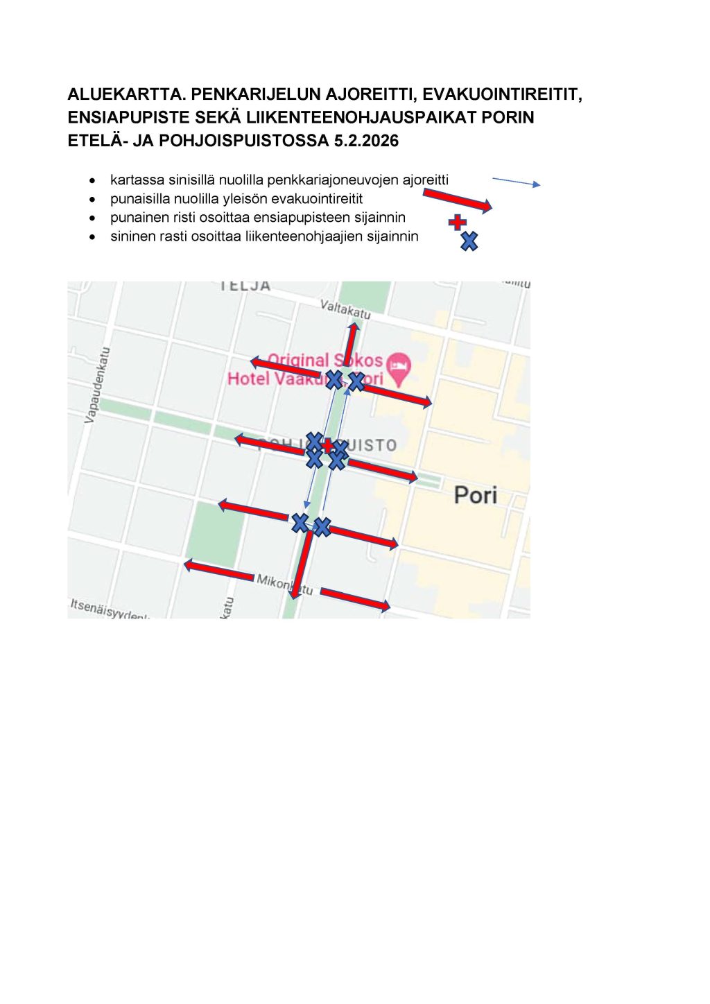 Karttakuva penkkariajelun reitistä ja liikennejärjestelyistä