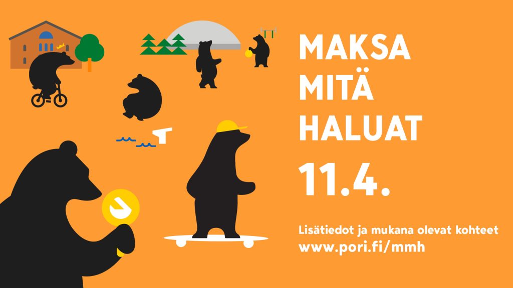 Oranssilla pohjalla karhukuvitusta ja teksti Maksa mitä haluat 11.4.