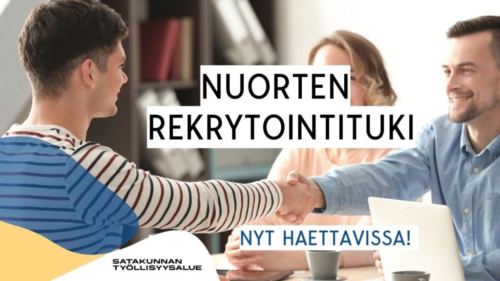 Kättelevät ihmiset ja päällä teksti nuorten rekrytointituki nyt haettavissa