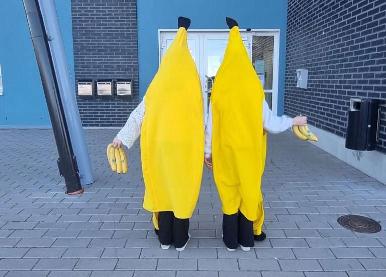 Kaksi banaaniasuihin pukeutunutta henkilöä ovat selkä kameraan päin ja pitelevät banaaniterttuja.