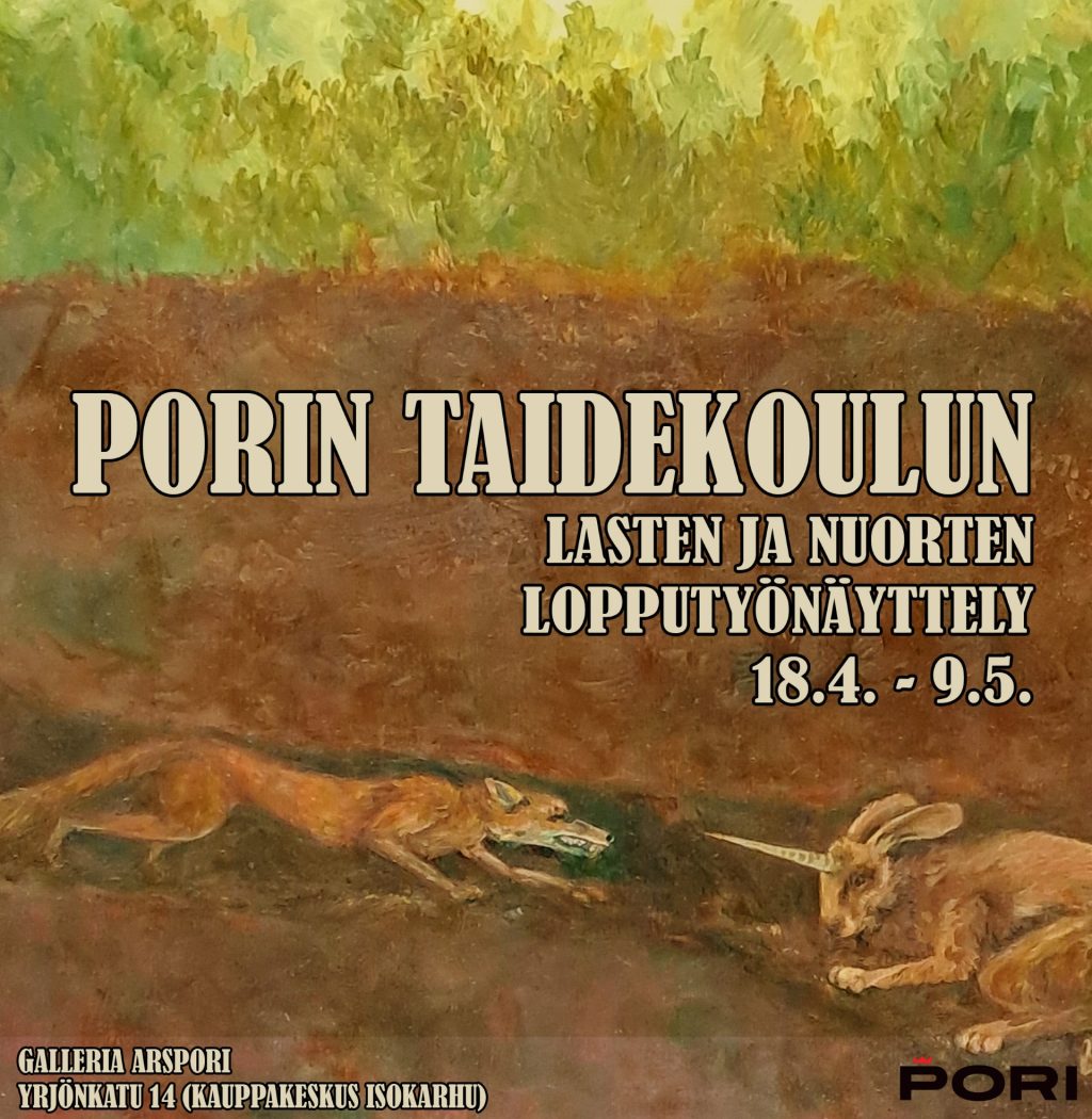 Ruskeasävyisessä näyttelyjulisteessa maan alla onkalossakettu ja pupu, jonka päässä on yksisarvisen sarvi