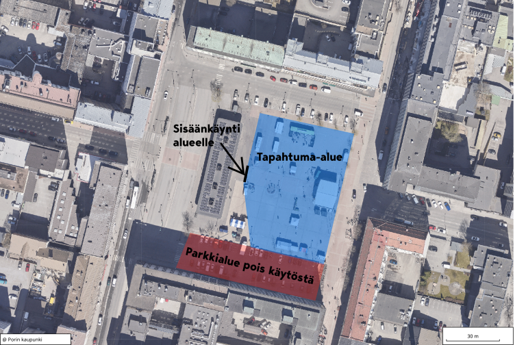 Karttakuva, johon on piirretty sininen alue kuvaamaan tapahtuma-aluetta ja punainen alue kuvaamaan sulkeutuvaa parkkialuetta.