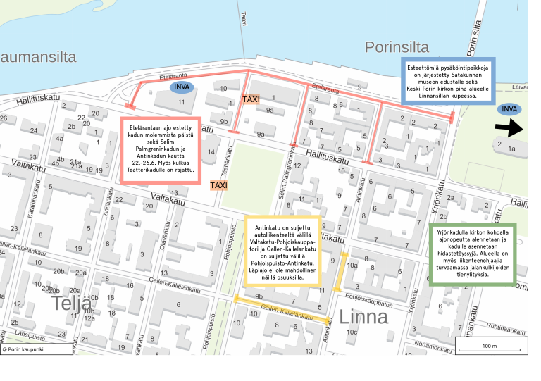Karttakuva Porin keskustasta, jossa näkyvillä suljetut tieosuudet, taksitolppien sekä invapaikkojen sijainnit