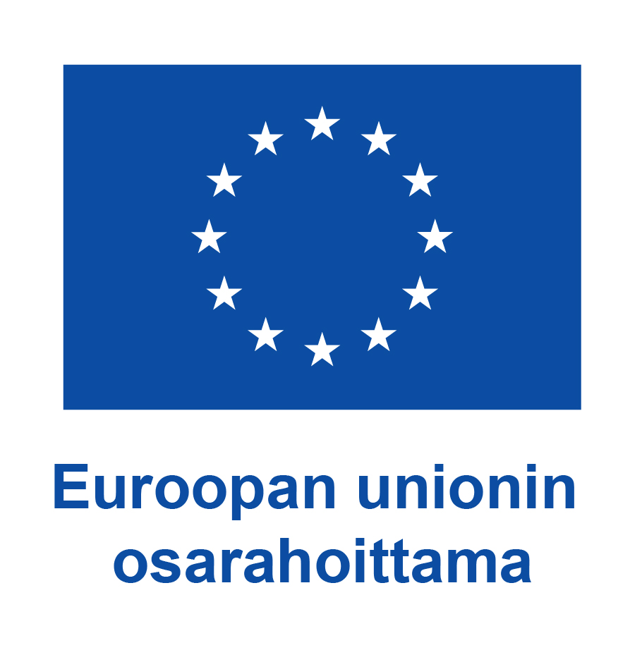 EU:n lippu jossa valkoisia tähtiä ympyrässä sinisellä pohjalla ja alla sininen teksti Euroopan unionin osarahoittama
