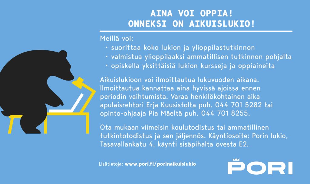 Porin aikuislukion toimintailmoitus verkkosivuille lukukaudella 2026–2027.